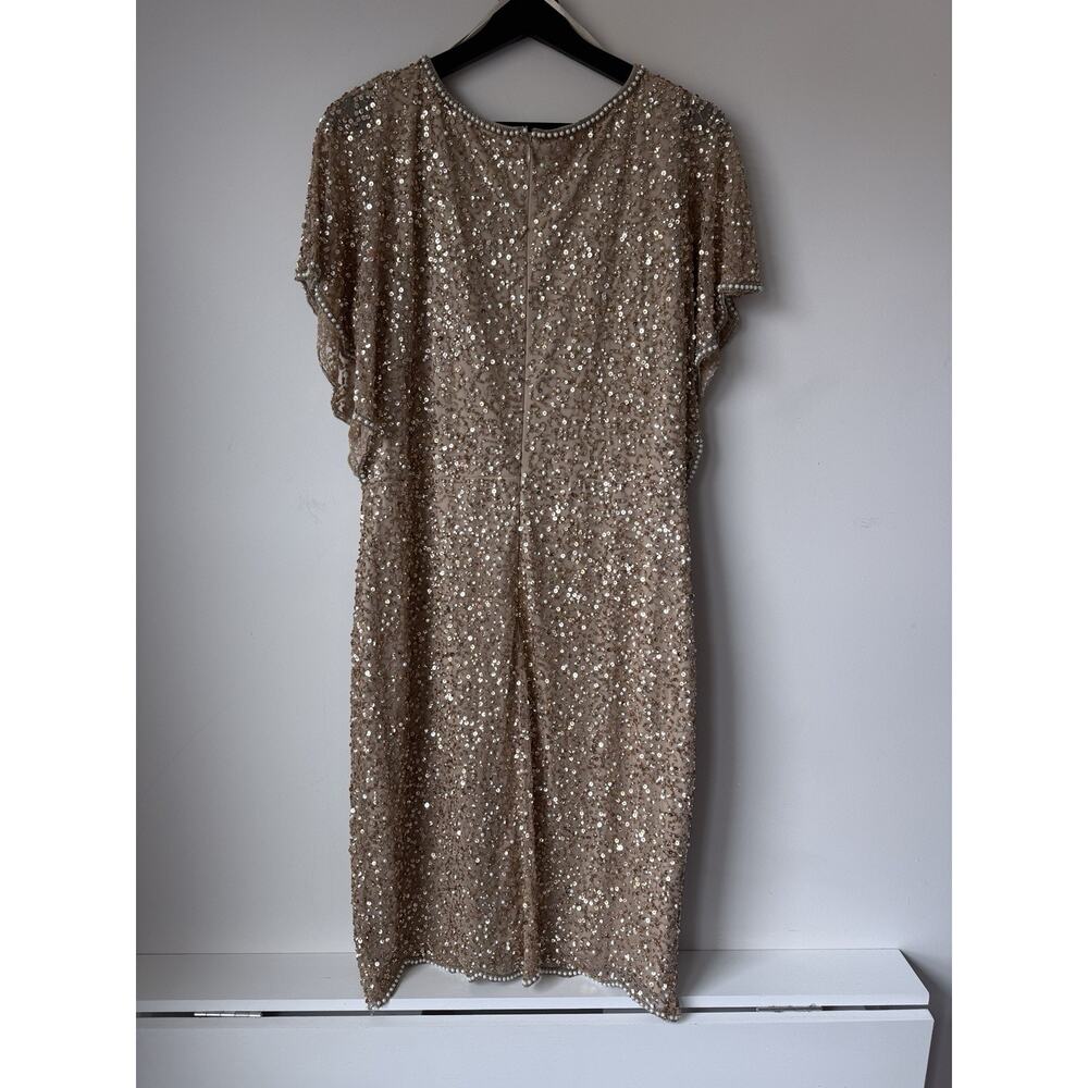 ADRIANNA PAPELL Sequin SHEATH ROSE GOLD FLUTTER SLEEVES COCKTAIL DRESS Size 14 - Picture 3 of 9